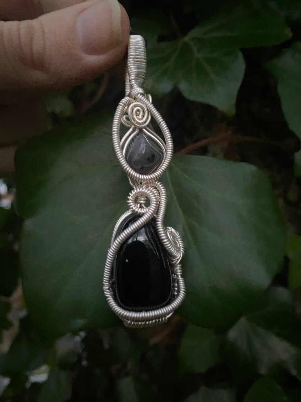 Obsidian & Botswana Agate Copper Wire Wrapped Pendant