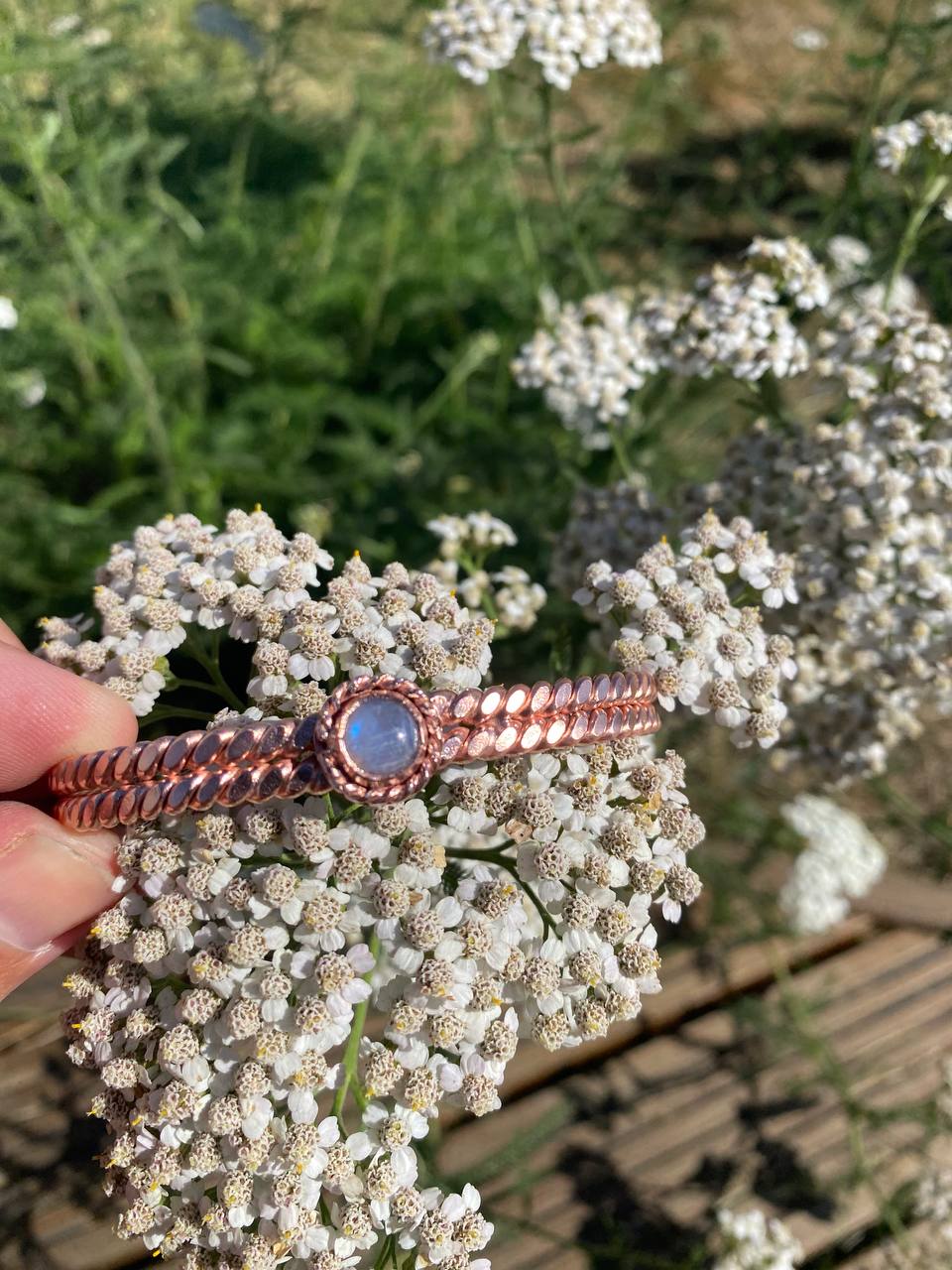 Sacred/Royal Egyptian Cubit Flattened Tensor Ring Cuff with Moonstone (144MHz) Size Medium (7 Inches)