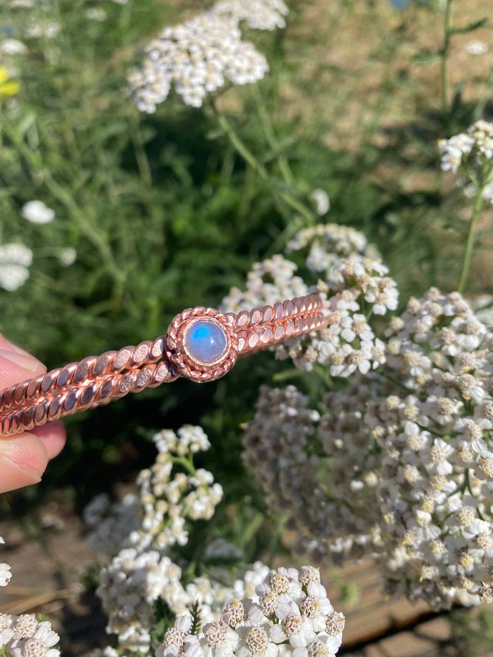 Sacred/Royal Egyptian Cubit Flattened Tensor Ring Cuff with Moonstone (144MHz) Size Medium (7 Inches)