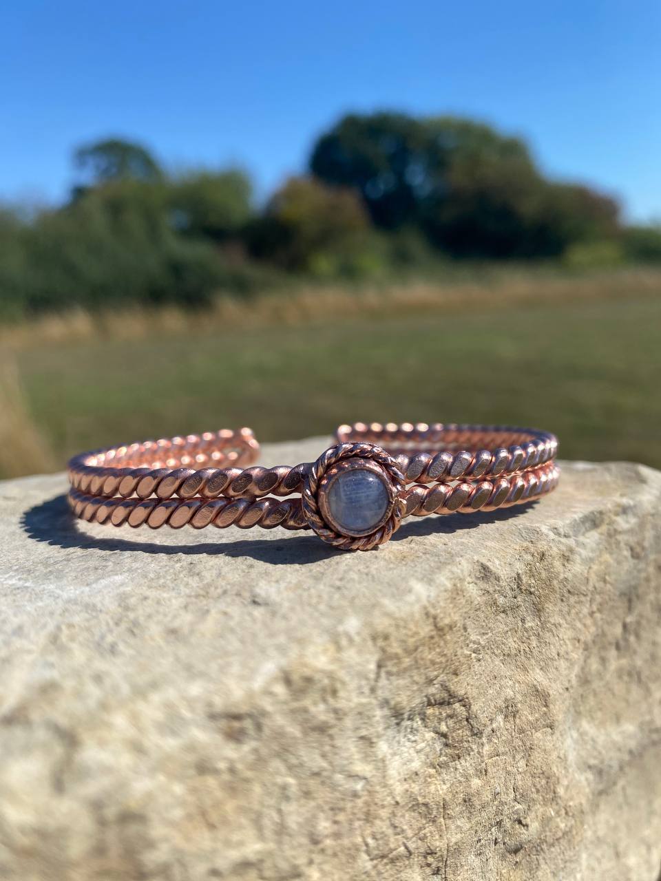 Sacred/Royal Egyptian Cubit Flattened Tensor Ring Cuff with Moonstone (144MHz) Size Medium (7 Inches)