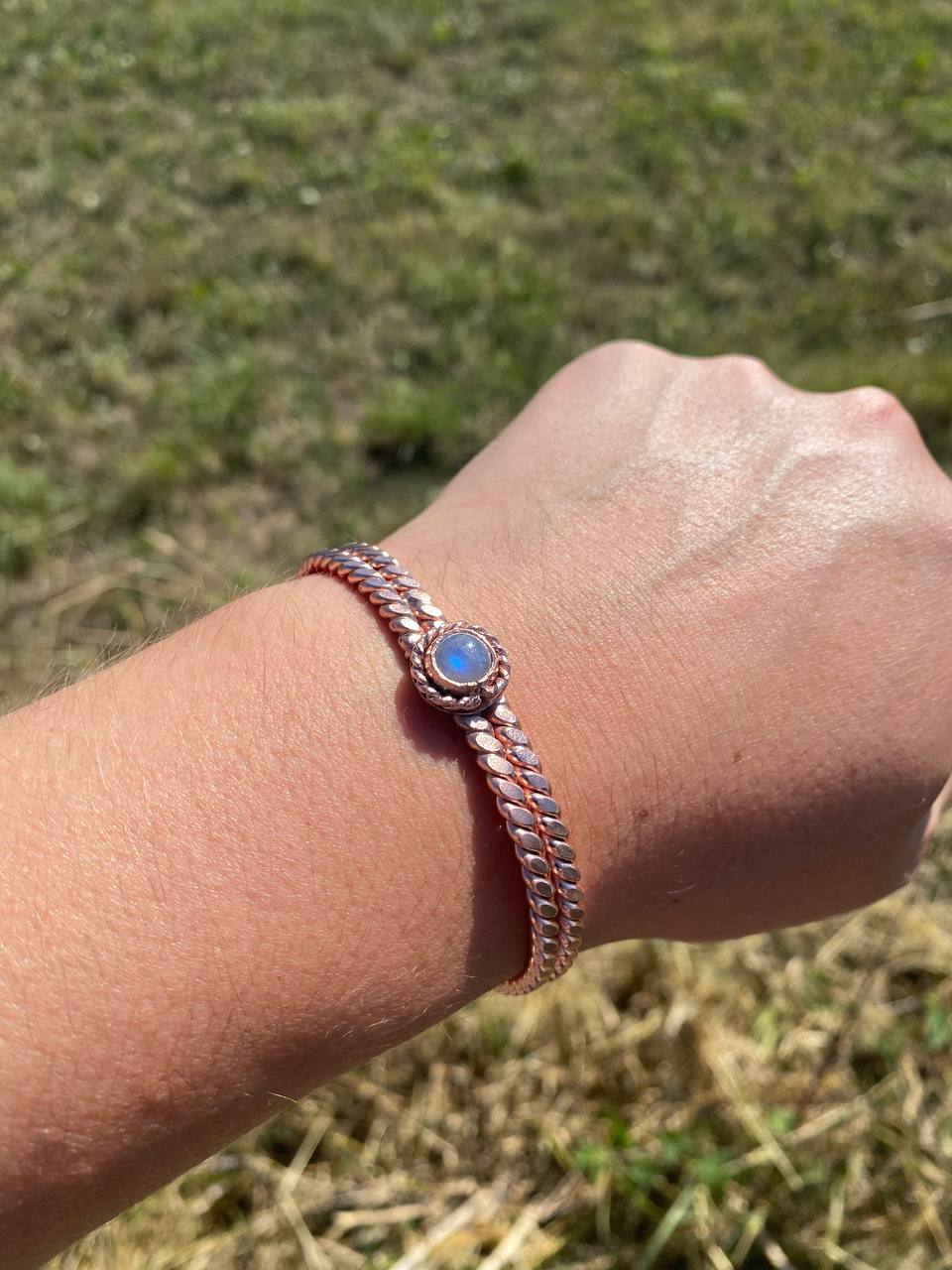 Sacred/Royal Egyptian Cubit Flattened Tensor Ring Cuff with Moonstone (144MHz) Size Medium (7 Inches)