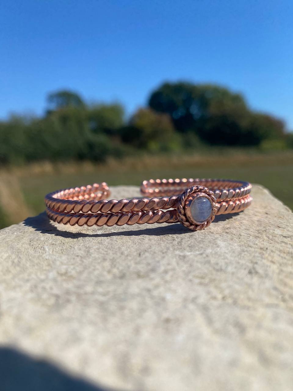 Sacred/Royal Egyptian Cubit Flattened Tensor Ring Cuff with Moonstone (144MHz) Size Medium (7 Inches)