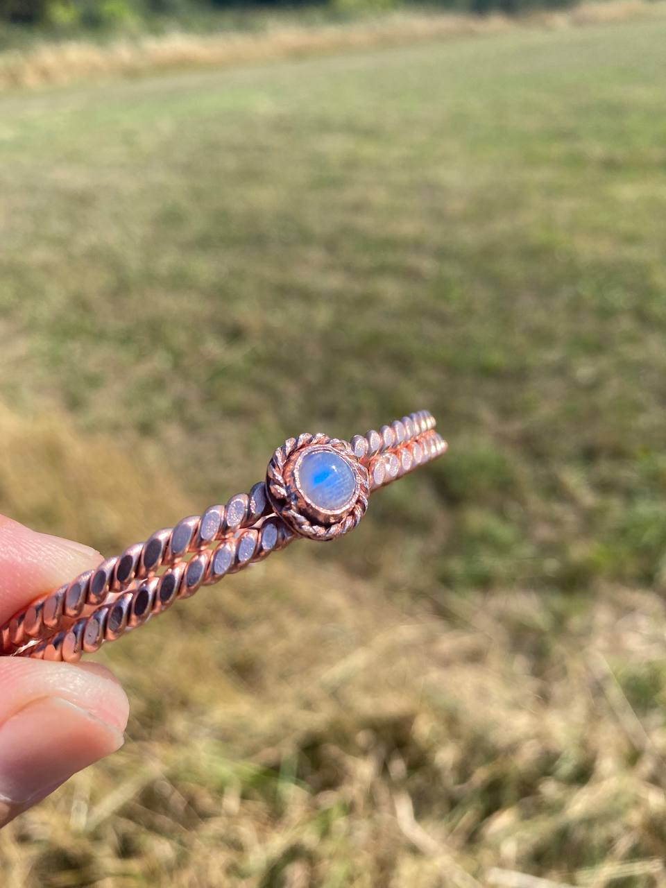 Sacred/Royal Egyptian Cubit Flattened Tensor Ring Cuff with Moonstone (144MHz) Size Medium (7 Inches)
