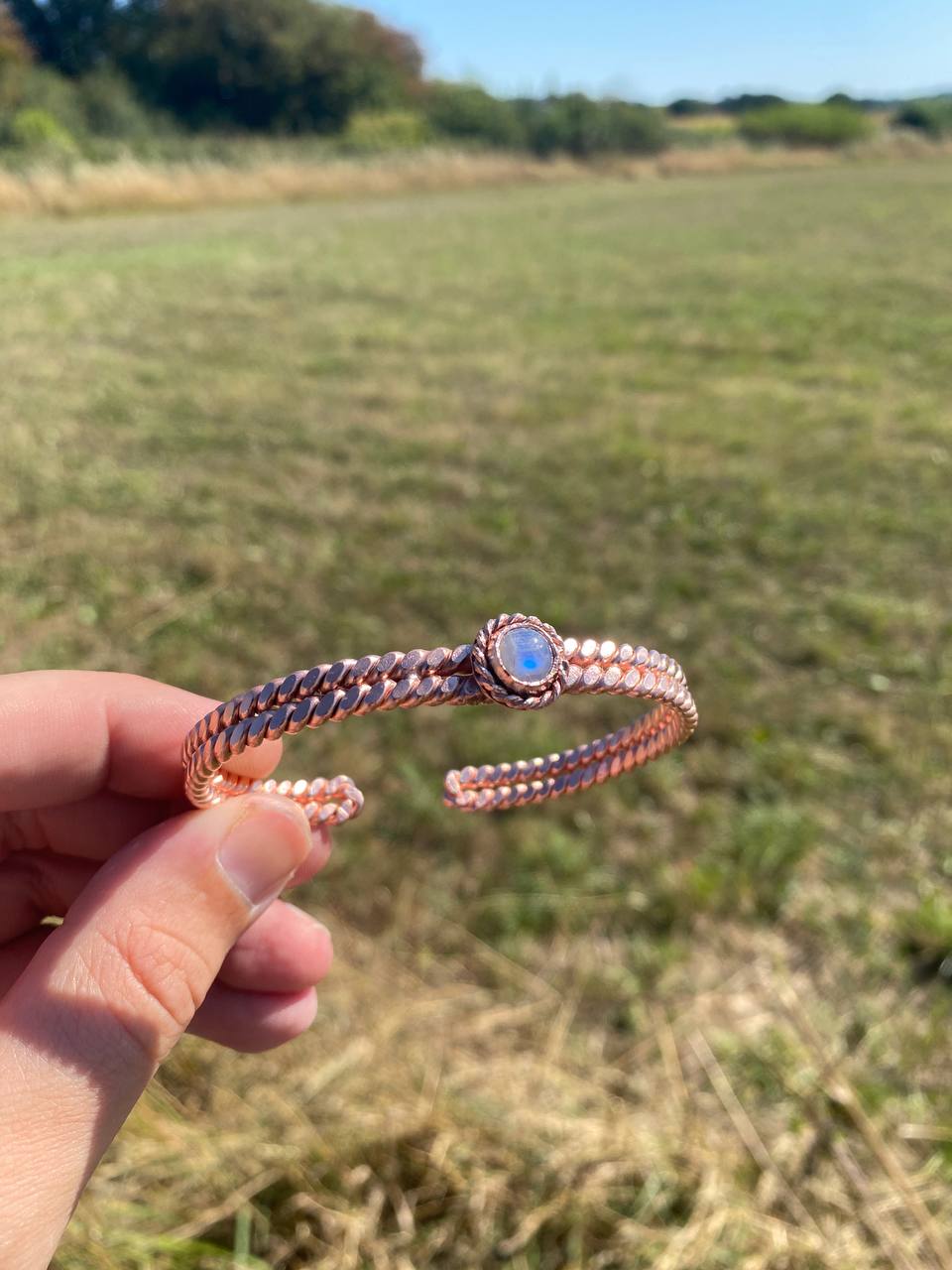 Sacred/Royal Egyptian Cubit Flattened Tensor Ring Cuff with Moonstone (144MHz) Size Medium (7 Inches)