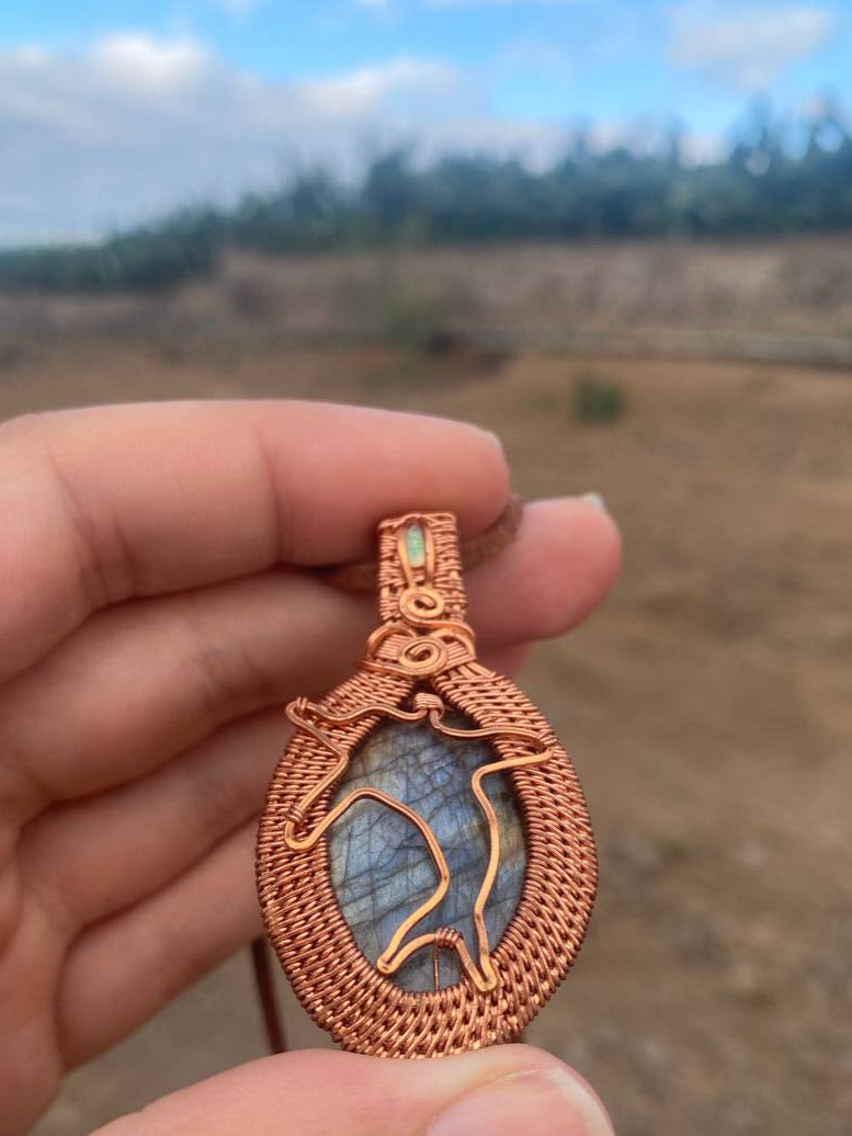 "Aumakua" - Labradorite & Faceted Ethiopian Opal Copper Wire Wrapped Pendant