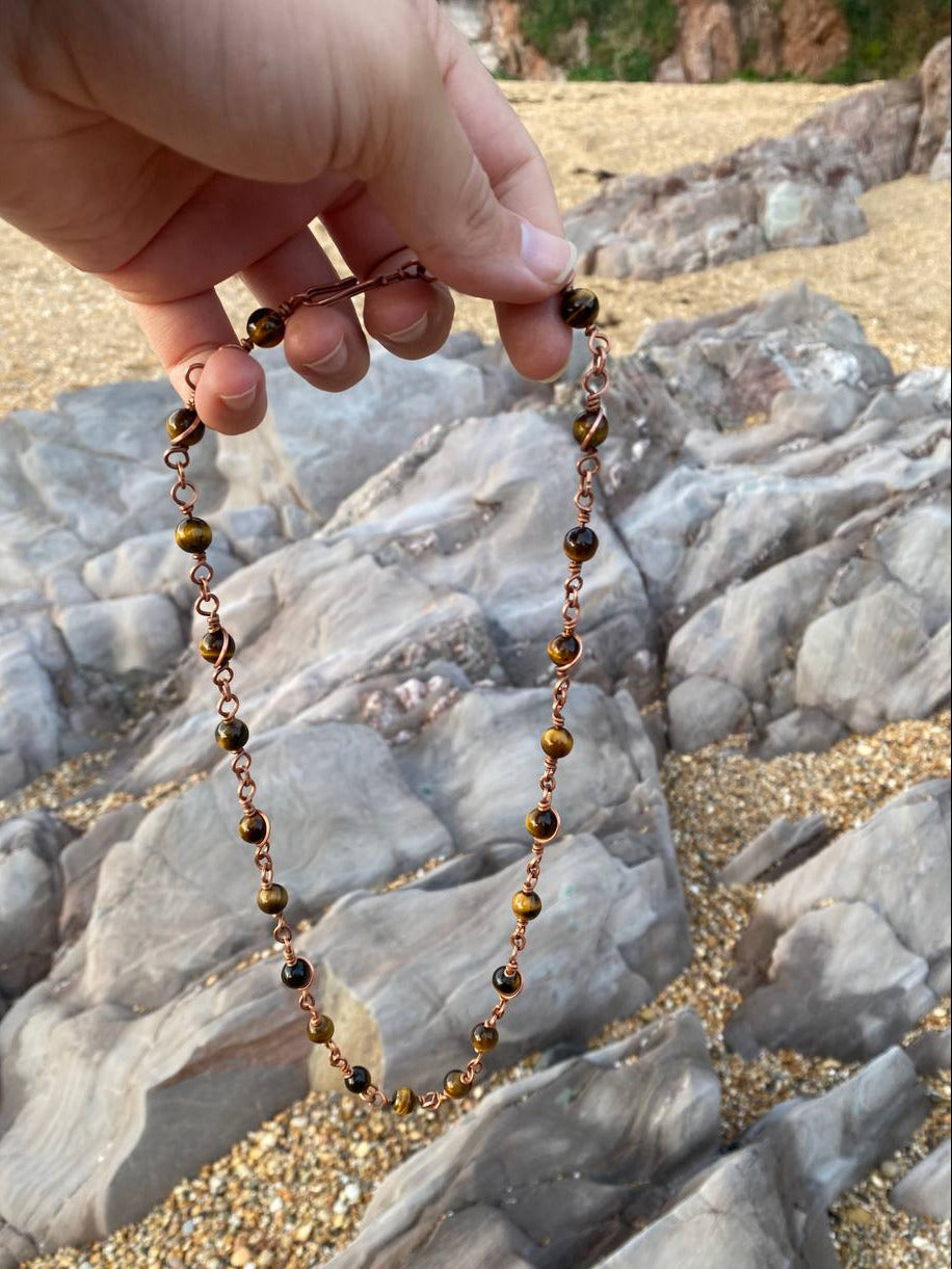 Beaded Copper Wrapped Chain in Tigers Eye or Rainbow Fluorite
