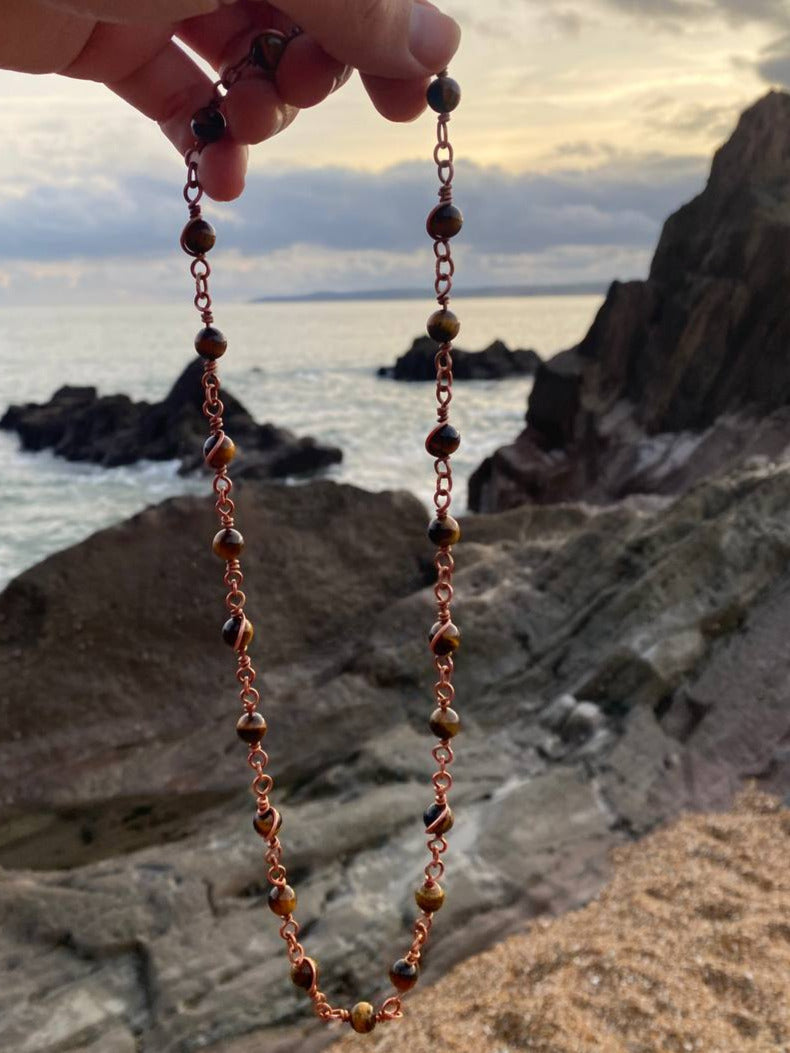 Beaded Copper Wrapped Chain in Tigers Eye or Rainbow Fluorite