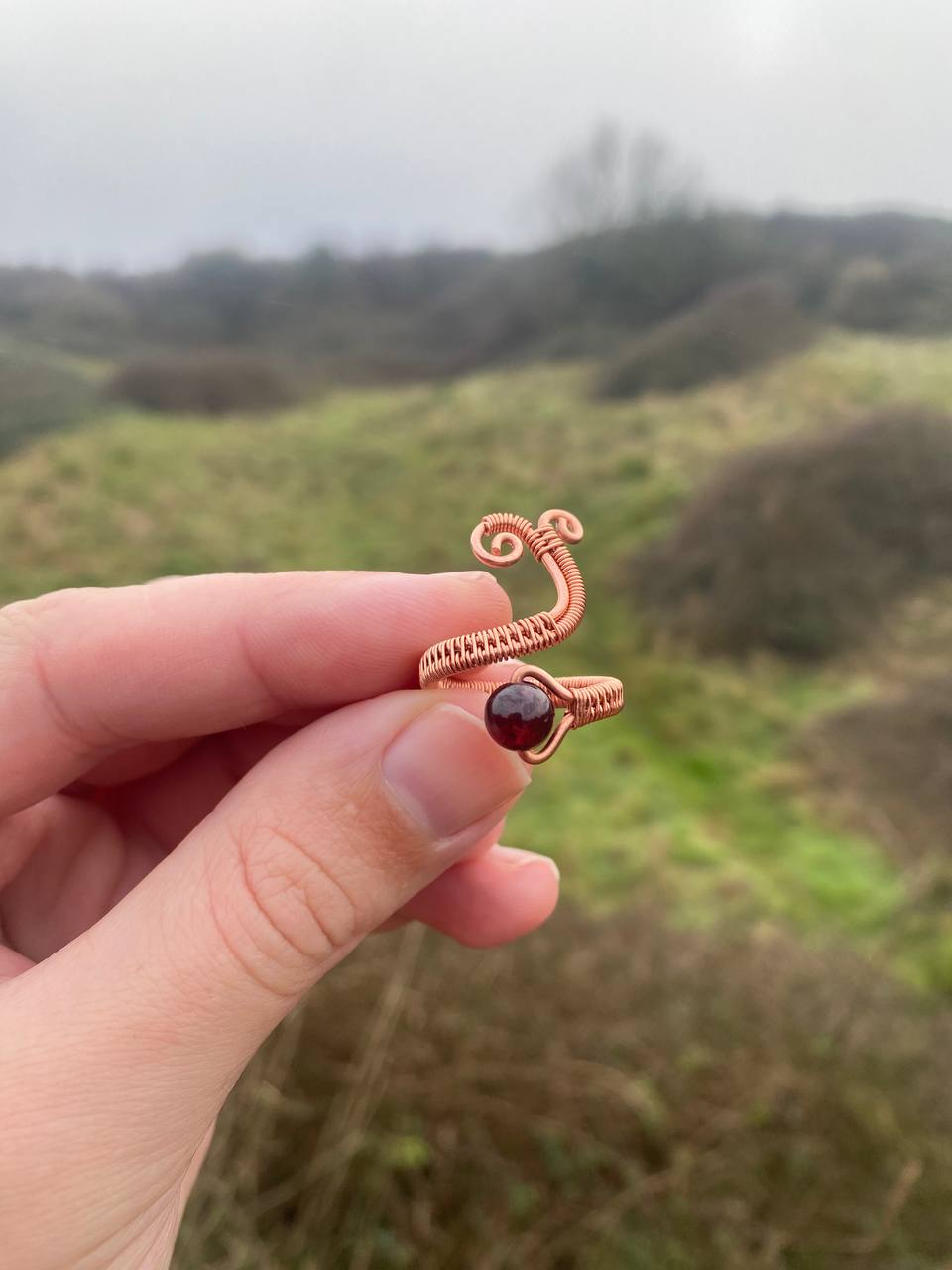 Adjustable Garnet Swirly Copper Ring