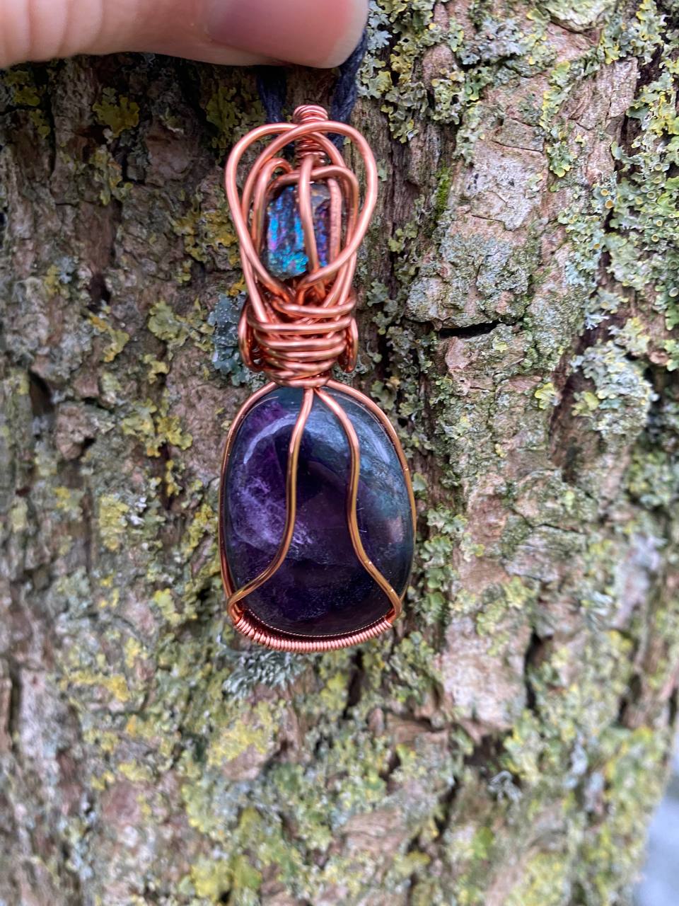 Fluorite & Bornite Copper Wire Wrapped Pendant