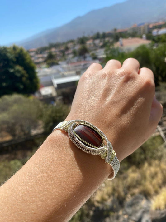 Red Tigers Eye Silver Plated Copper Cuff Bracelet (Small-Medium)