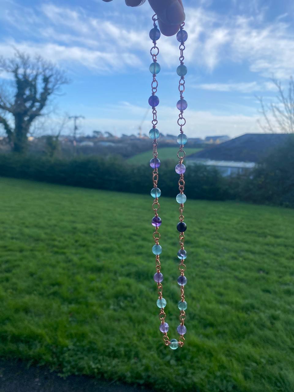 Beaded Copper Wrapped Chain in Tigers Eye or Rainbow Fluorite