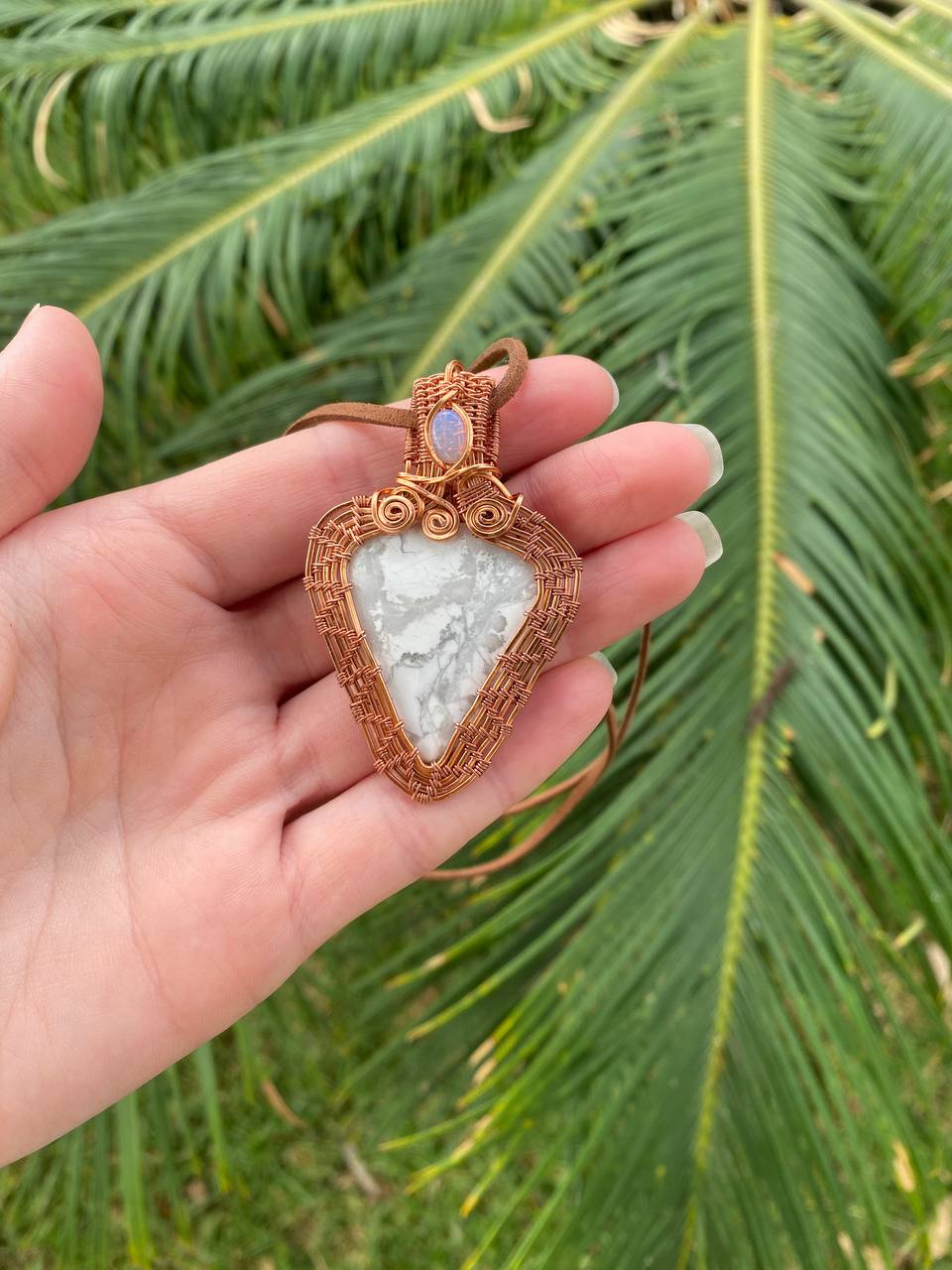 White Howlite & Australian Opal Woven Copper Wrapped Pendant