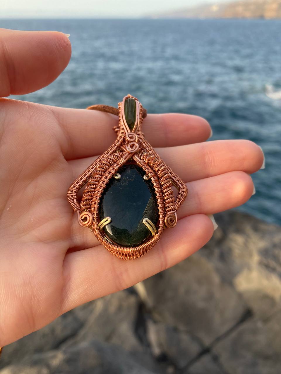 "Manta Ray" - Moss Agate & Green Tourmaline Copper Wire Wrapped Amulet