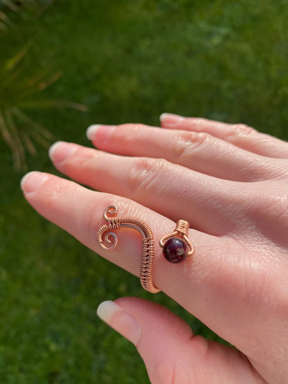 Adjustable Garnet Swirly Copper Ring