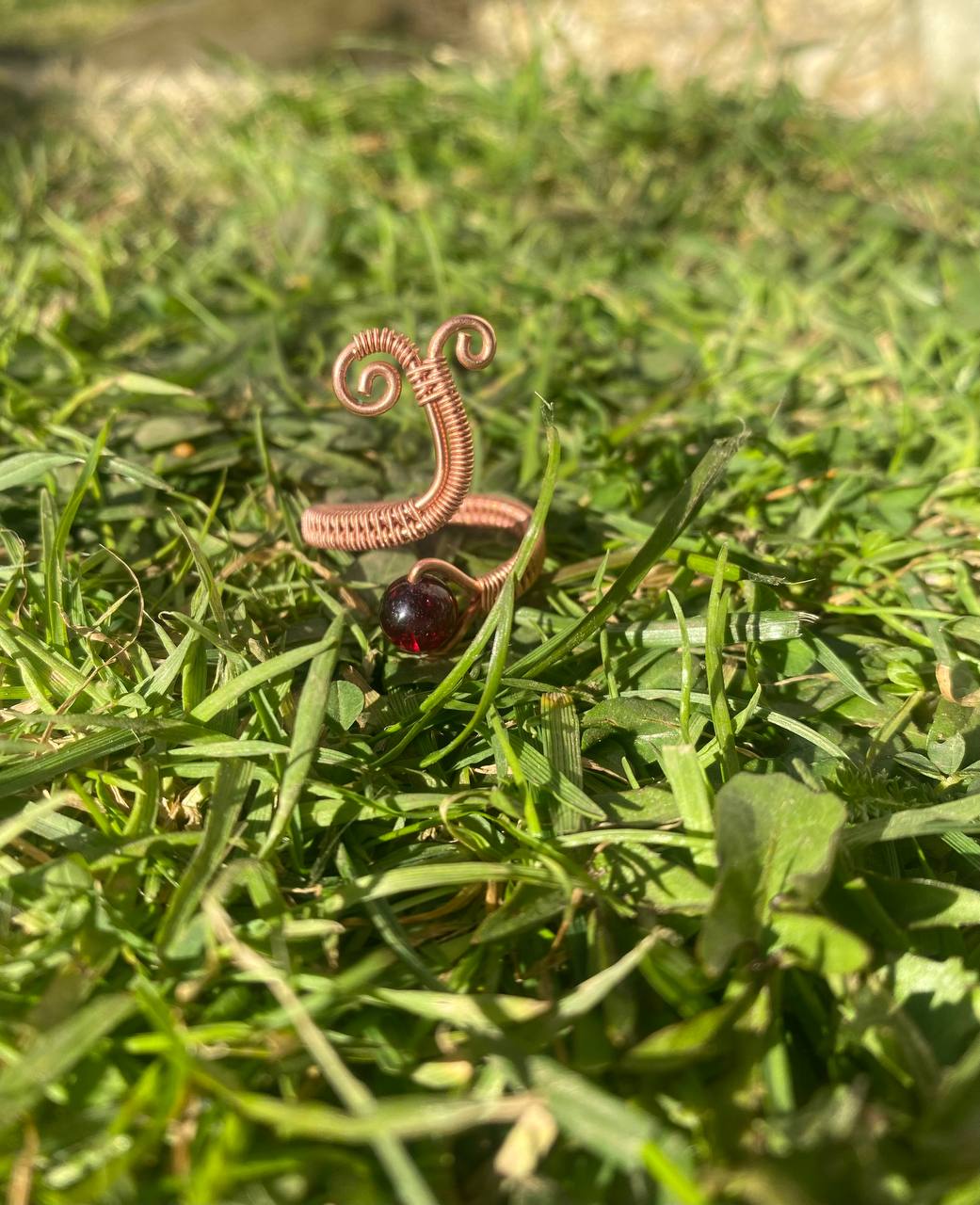 Adjustable Garnet Swirly Copper Ring