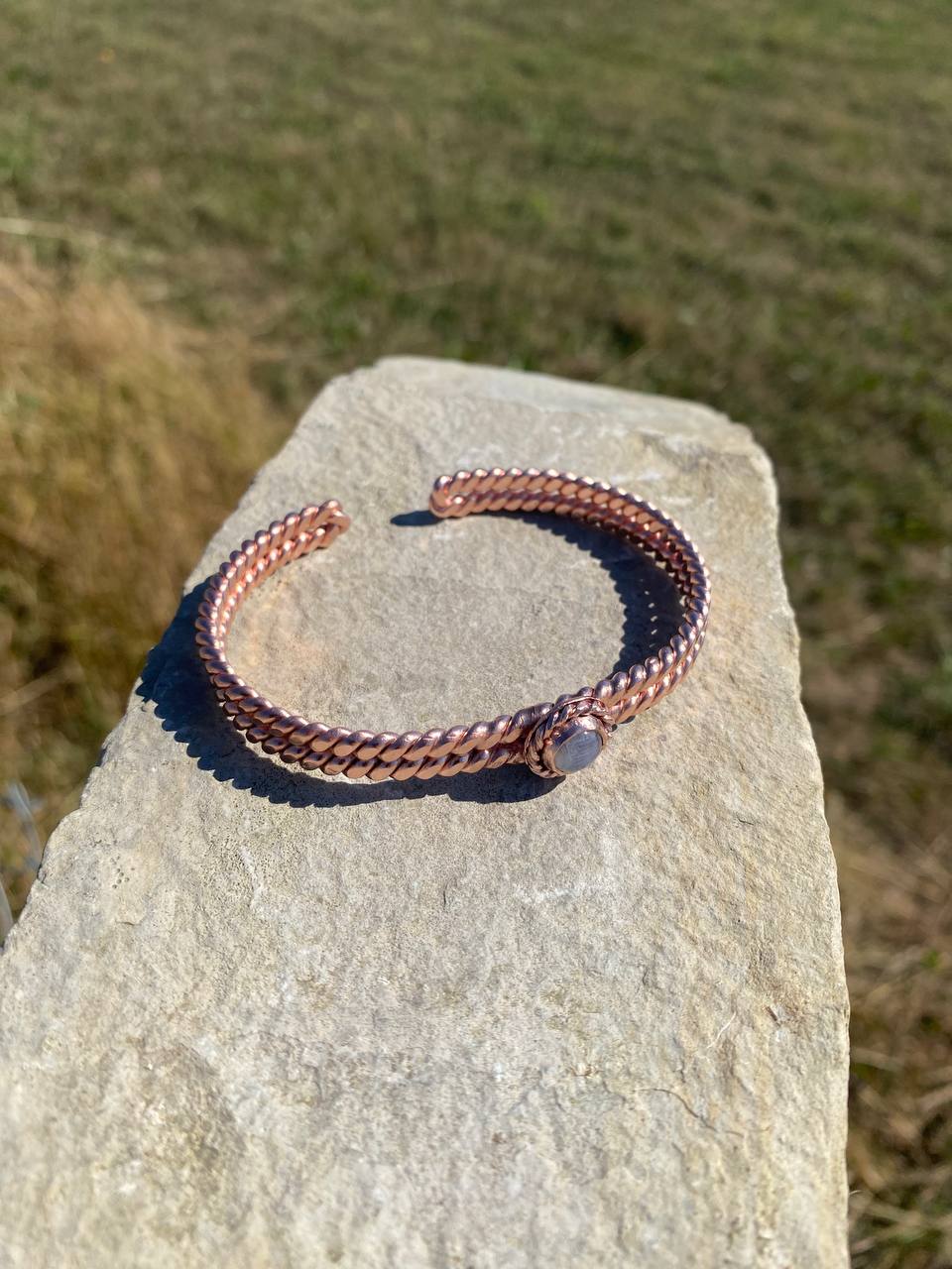 Sacred/Royal Egyptian Cubit Flattened Tensor Ring Cuff with Moonstone (144MHz) Size Medium (7 Inches)