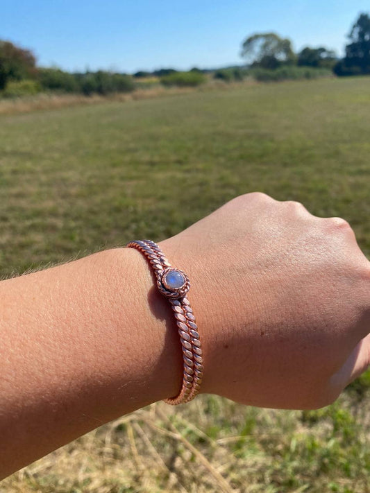 Sacred/Royal Egyptian Cubit Flattened Tensor Ring Cuff with Moonstone (144MHz) Size Medium (7 Inches)