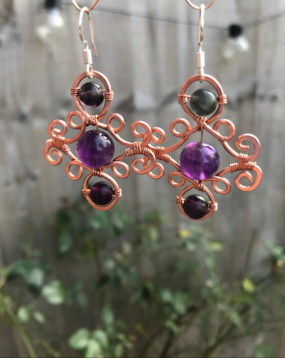 Amethyst and Fluorite Copper Earrings with Sterling Silver Hooks