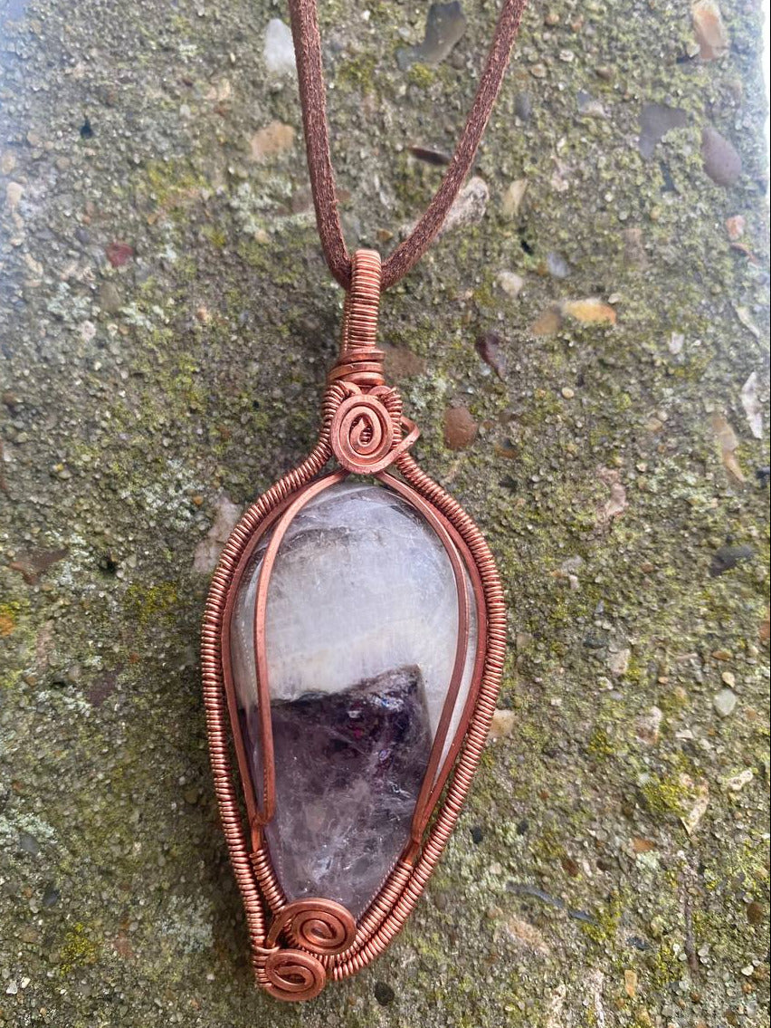 Chevron Amethyst Copper Wire Wrapped Pendant