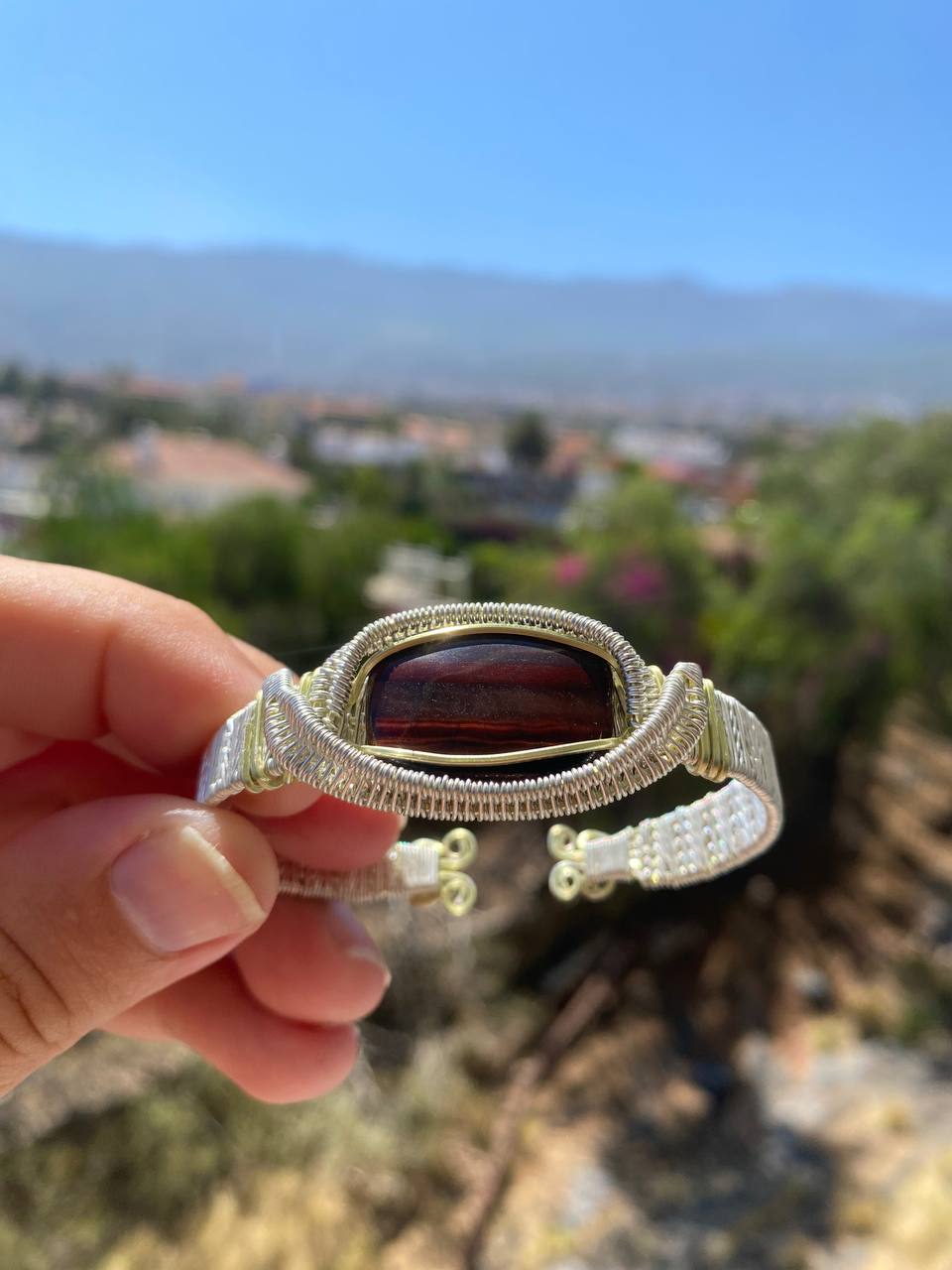 Red Tigers Eye Silver Plated Copper Cuff Bracelet (Small-Medium)