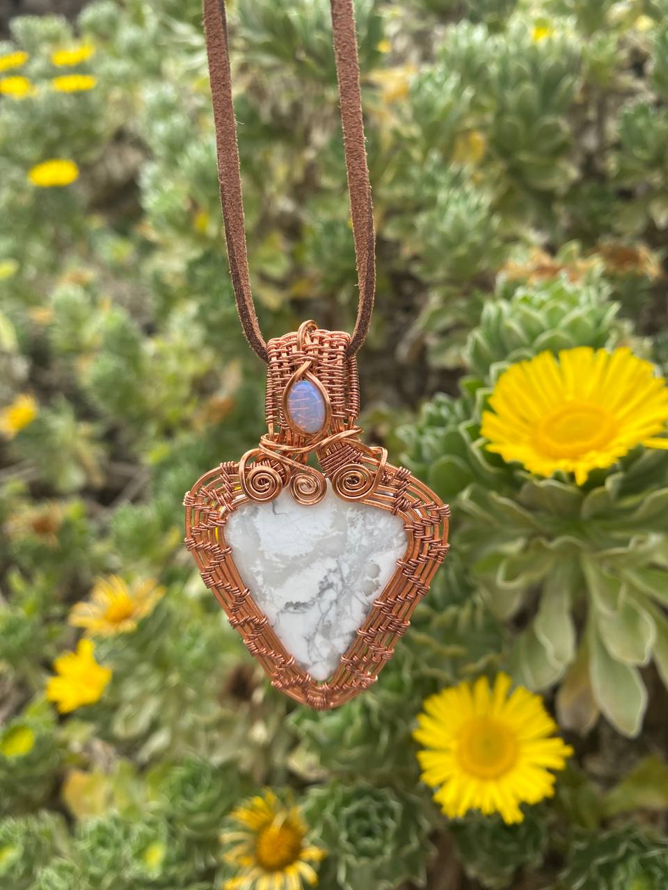 White Howlite & Australian Opal Woven Copper Wrapped Pendant