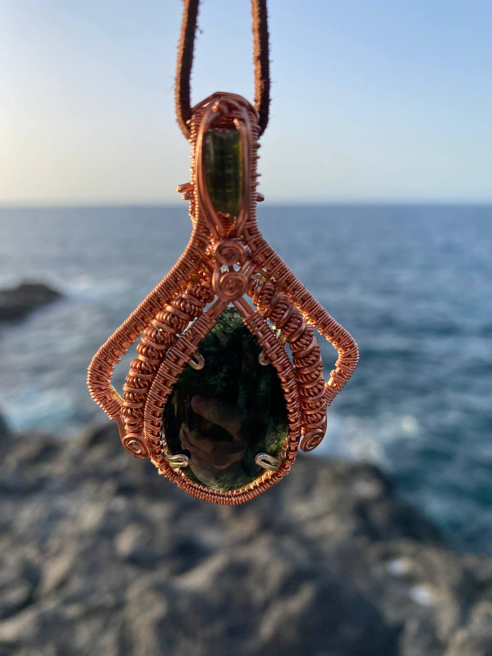 "Manta Ray" - Moss Agate & Green Tourmaline Copper Wire Wrapped Amulet