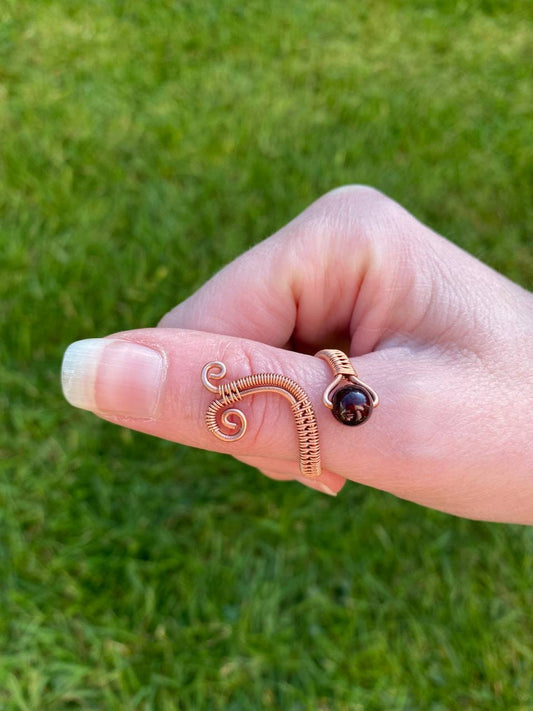 Adjustable Garnet Swirly Copper Ring