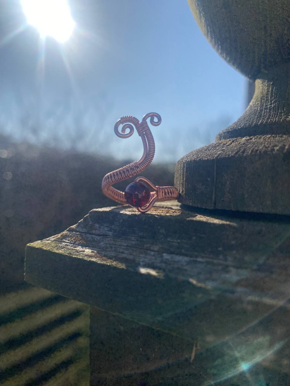 Adjustable Garnet Swirly Copper Ring