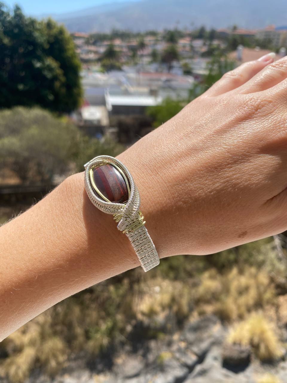 Red Tigers Eye Silver Plated Copper Cuff Bracelet (Small-Medium)