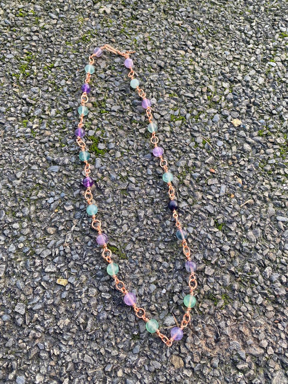 Beaded Copper Wrapped Chain in Tigers Eye or Rainbow Fluorite