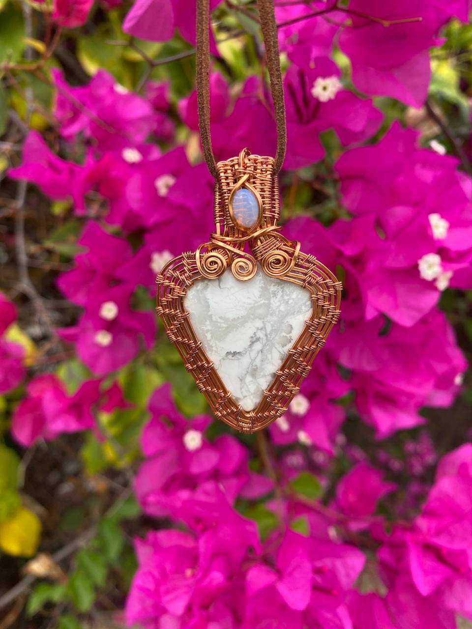 White Howlite & Australian Opal Woven Copper Wrapped Pendant