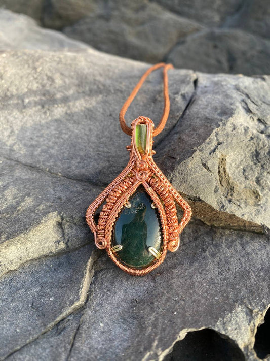 "Manta Ray" - Moss Agate & Green Tourmaline Copper Wire Wrapped Amulet