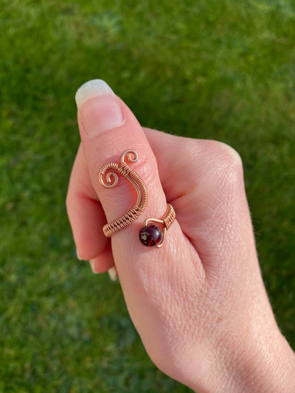 Adjustable Garnet Swirly Copper Ring