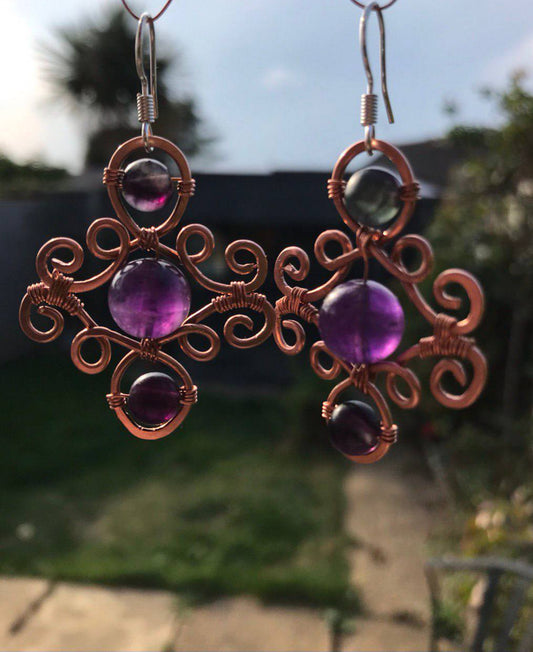 Amethyst and Fluorite Copper Earrings with Sterling Silver Hooks