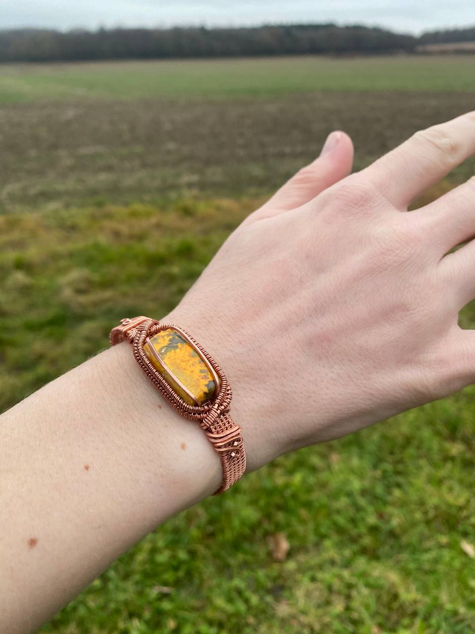 Bumblebee Jasper Copper Wrapped Cuff Bracelet (Small)