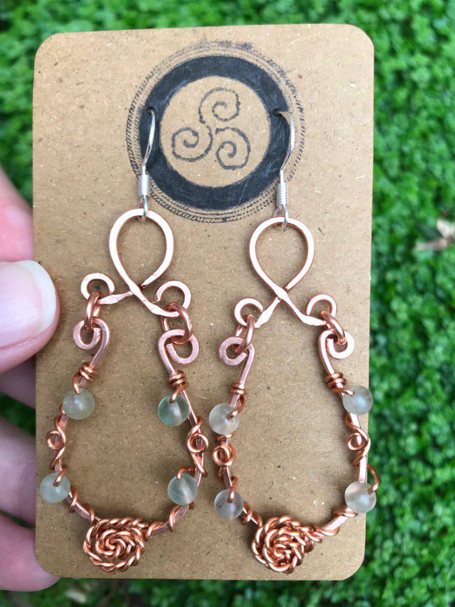 Green Fluorite Copper Rose Earrings with Sterling Silver Hooks