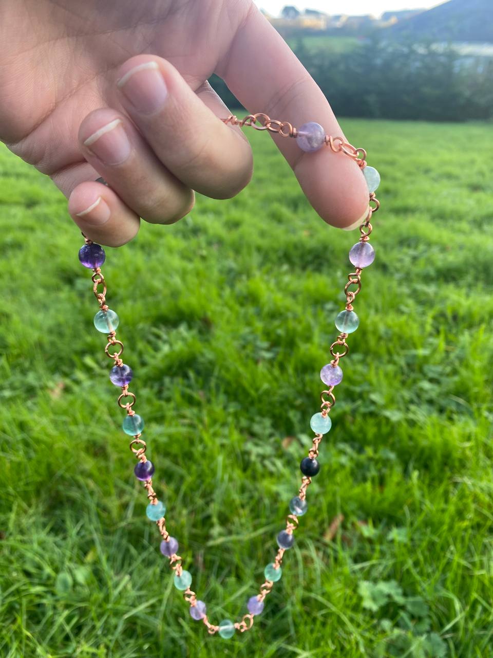 Beaded Copper Wrapped Chain in Tigers Eye or Rainbow Fluorite