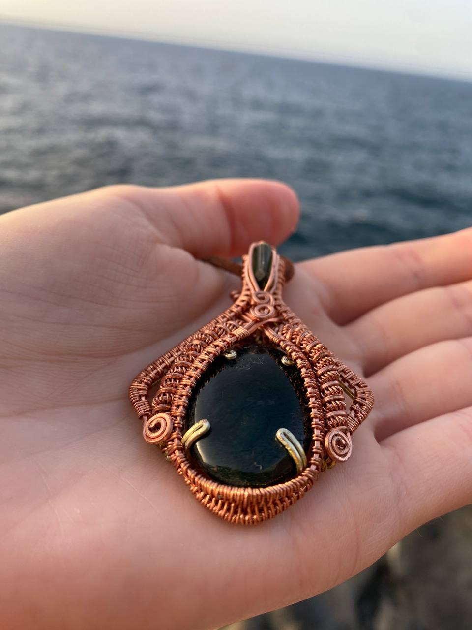 "Manta Ray" - Moss Agate & Green Tourmaline Copper Wire Wrapped Amulet