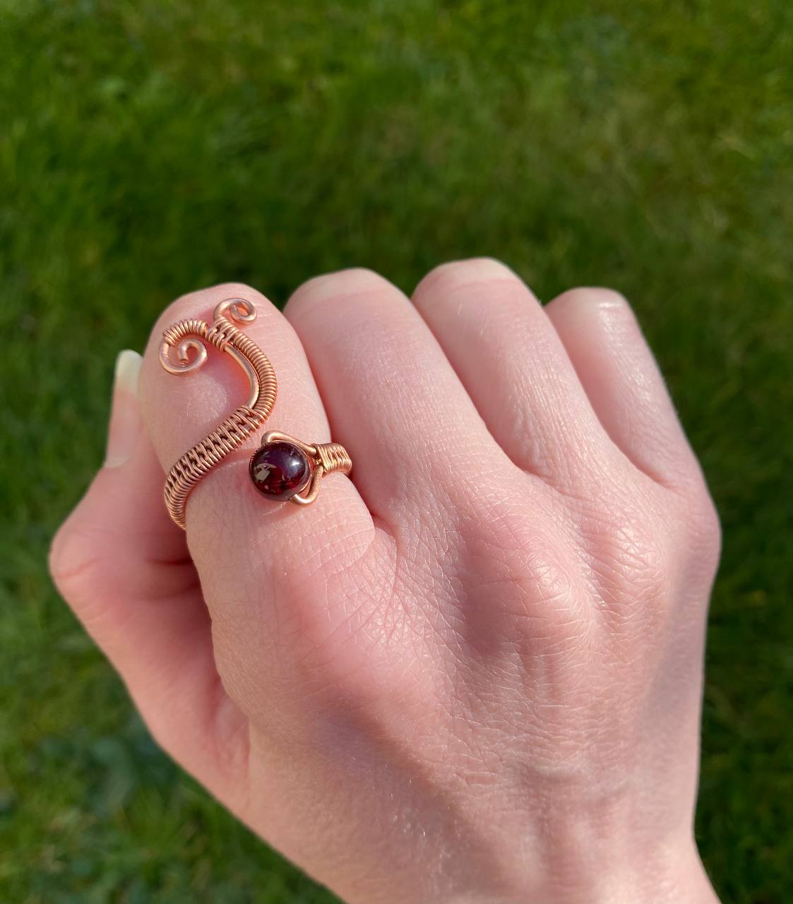 Adjustable Garnet Swirly Copper Ring