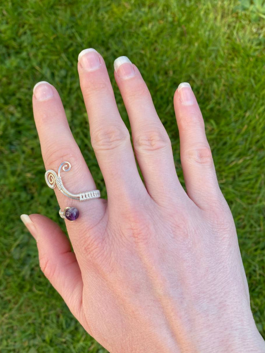 Adjustable Amethyst Swirly Copper Ring