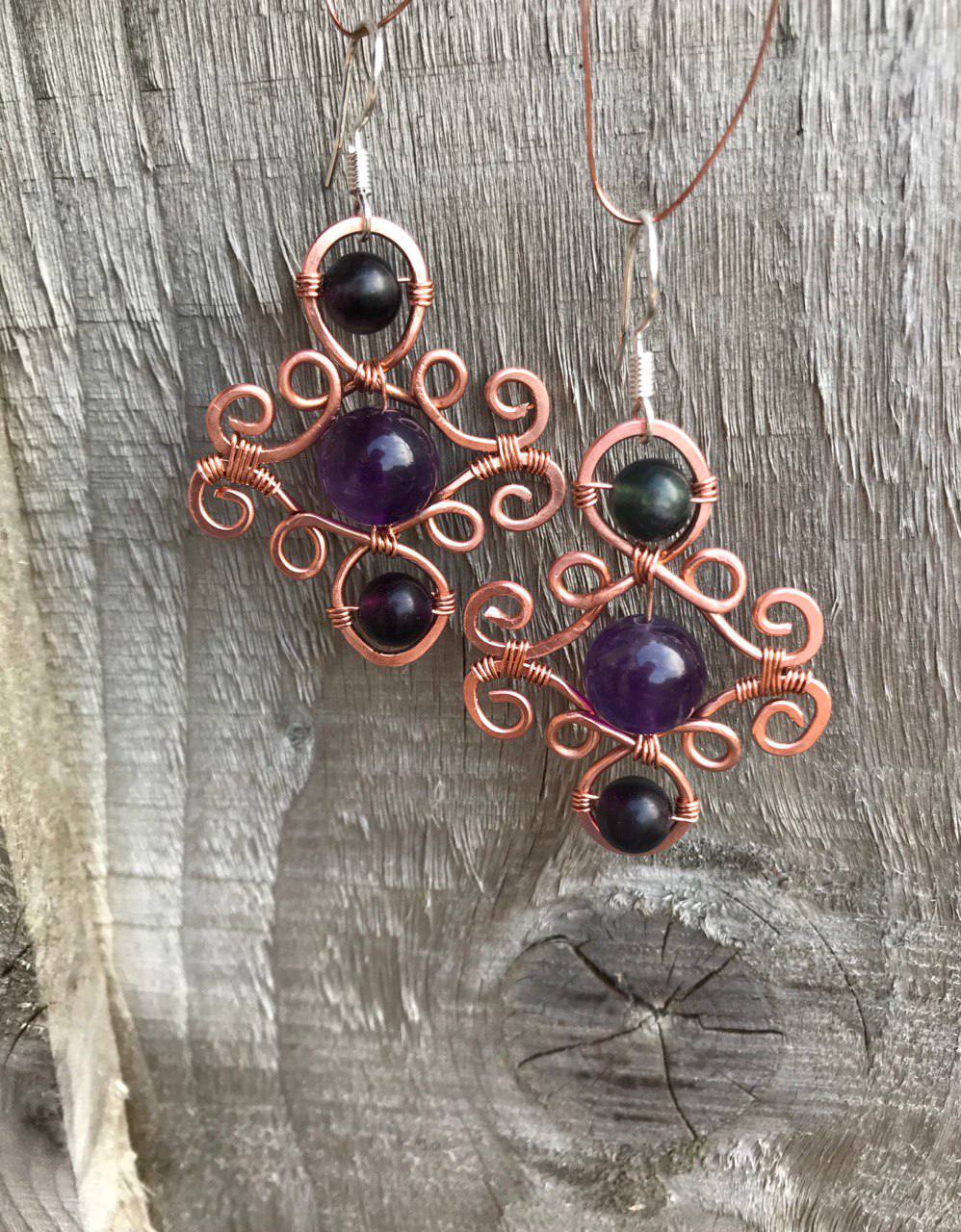 Amethyst and Fluorite Copper Earrings with Sterling Silver Hooks