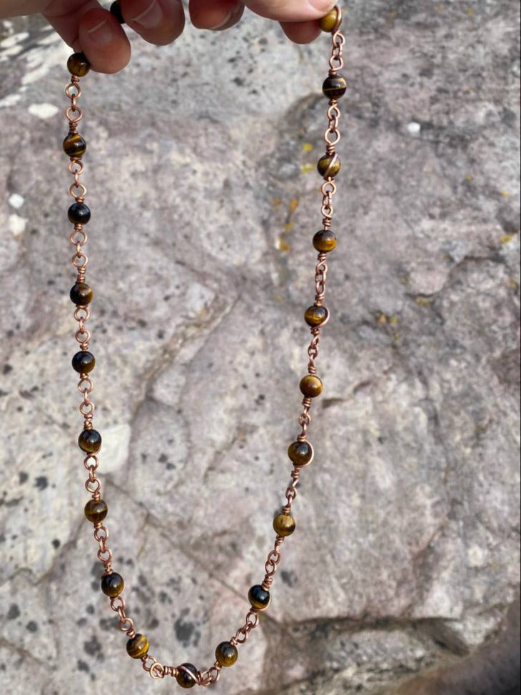 Beaded Copper Wrapped Chain in Tigers Eye or Rainbow Fluorite