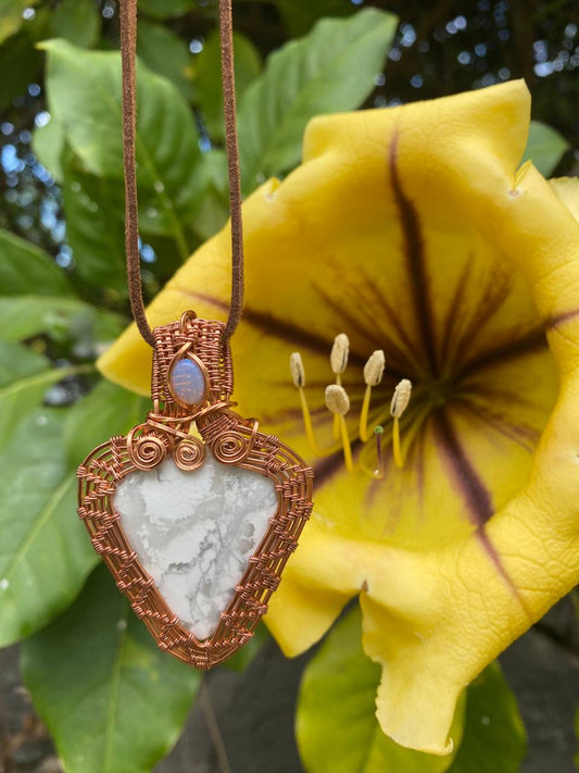 White Howlite & Australian Opal Woven Copper Wrapped Pendant