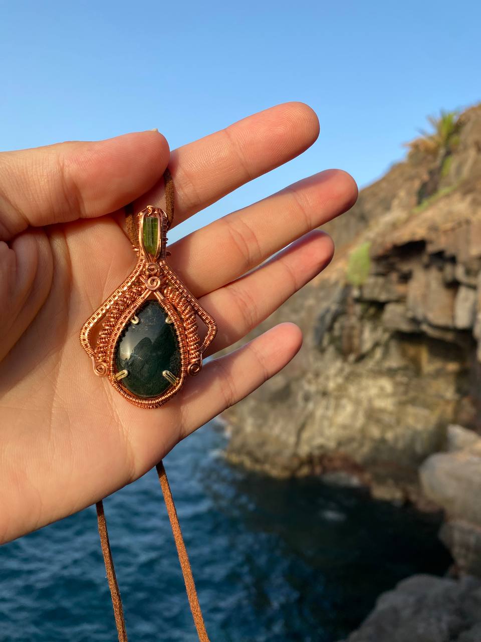 "Manta Ray" - Moss Agate & Green Tourmaline Copper Wire Wrapped Amulet