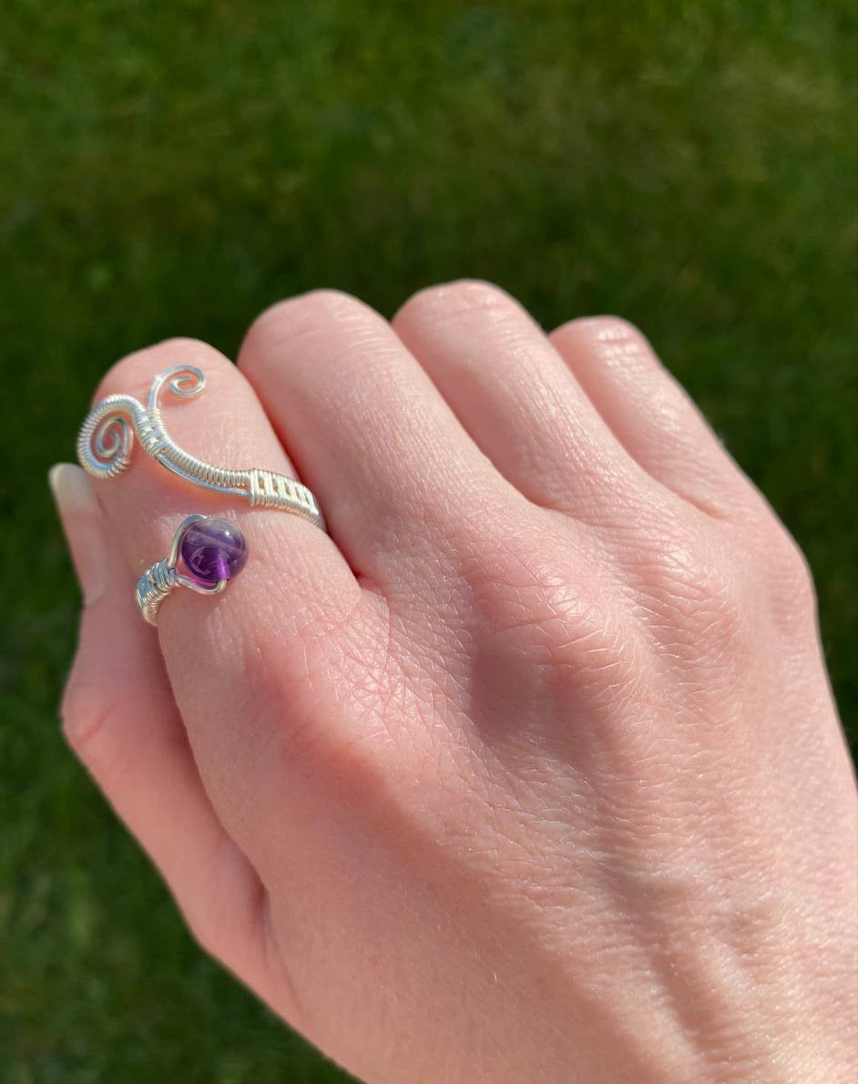 Adjustable Amethyst Swirly Copper Ring