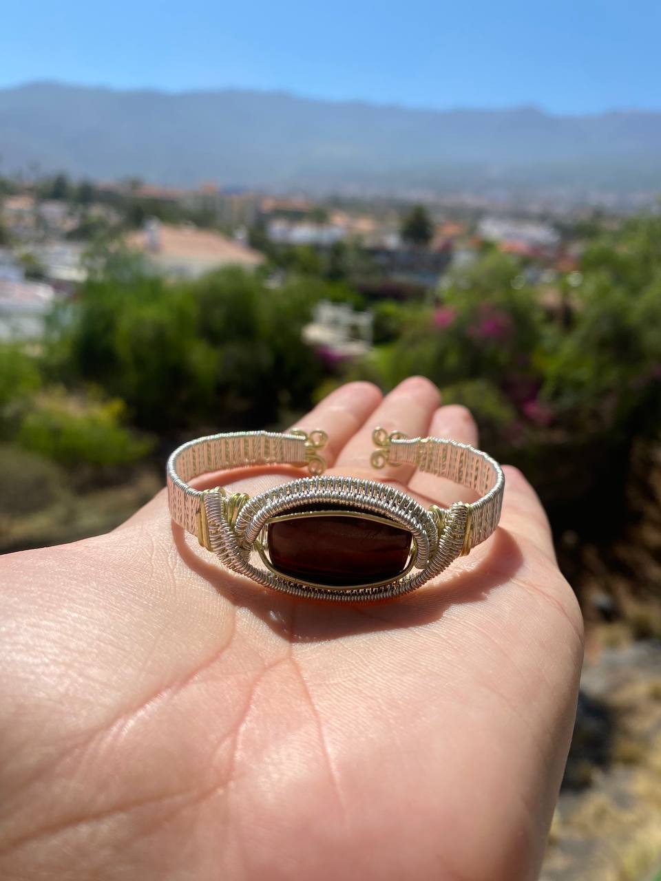 Red Tigers Eye Silver Plated Copper Cuff Bracelet (Small-Medium)