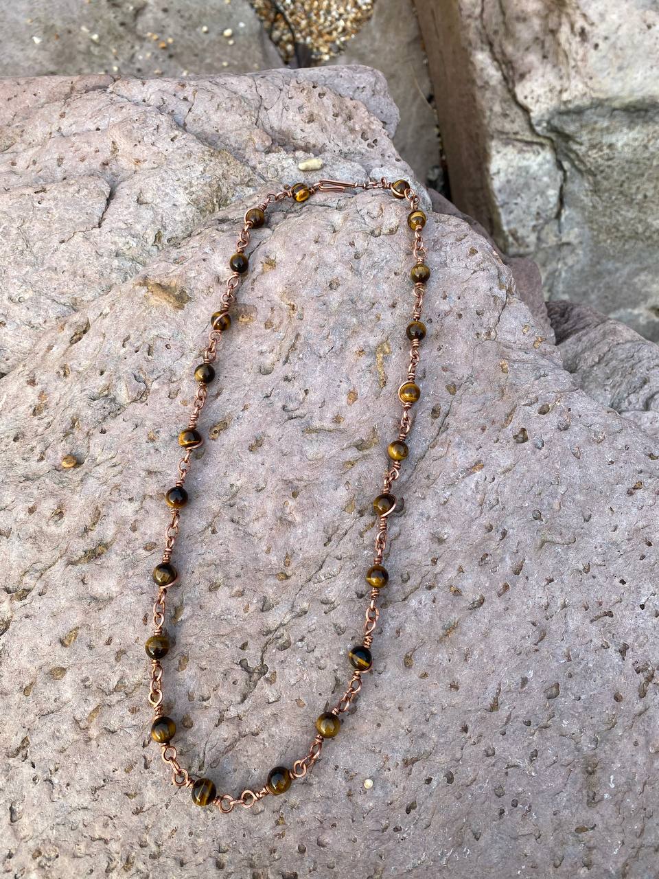 Beaded Copper Wrapped Chain in Tigers Eye or Rainbow Fluorite