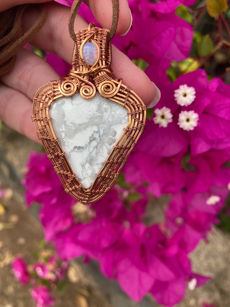 White Howlite & Australian Opal Woven Copper Wrapped Pendant