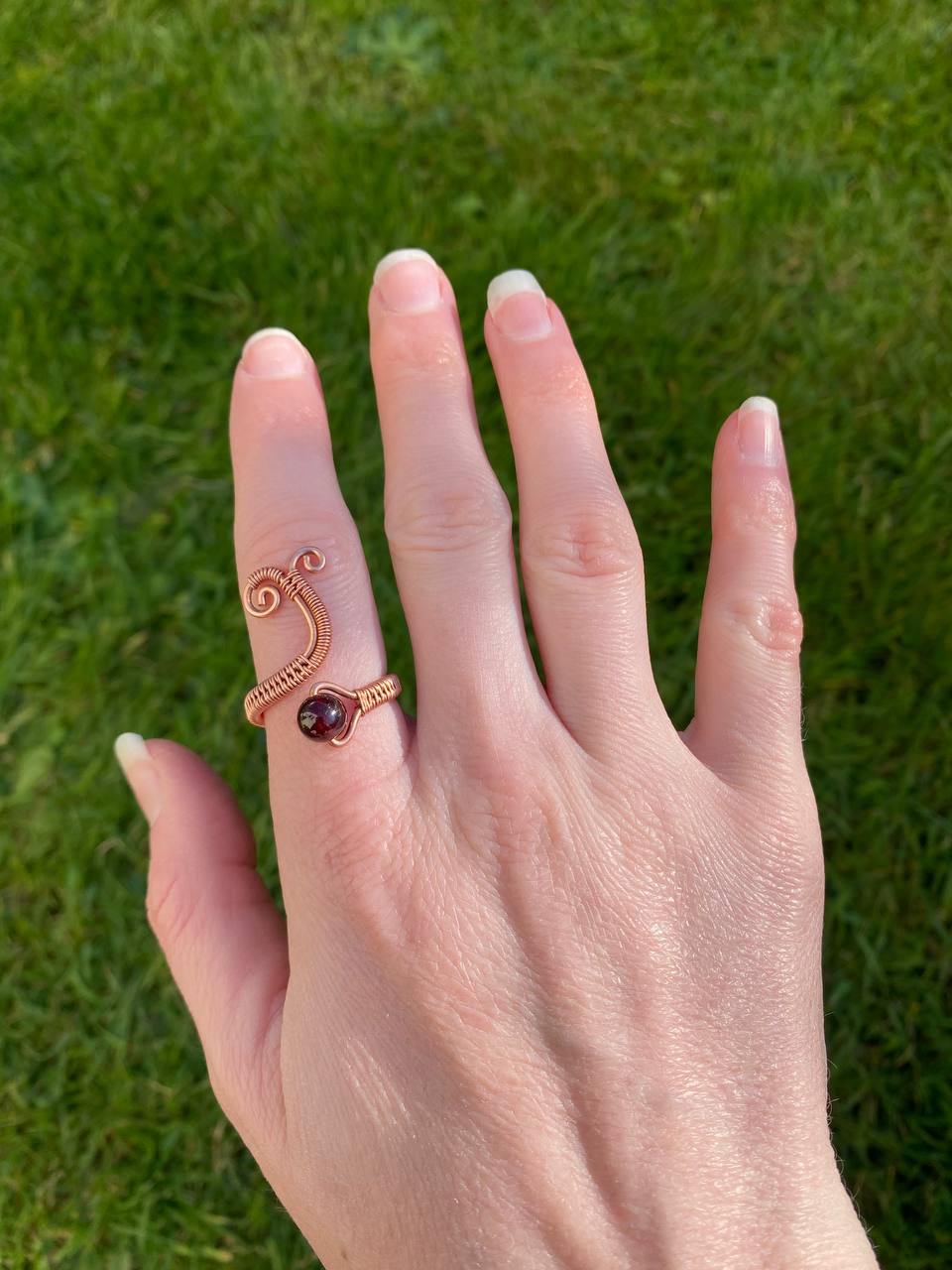 Adjustable Garnet Swirly Copper Ring