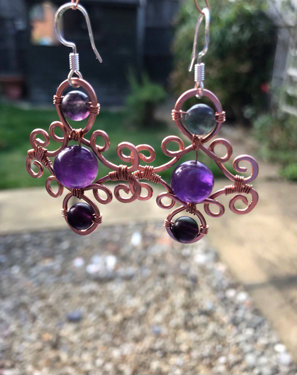 Amethyst and Fluorite Copper Earrings with Sterling Silver Hooks